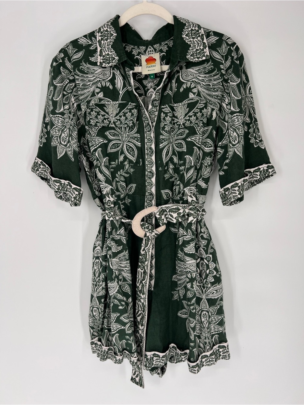 FARM Rio Dark Green White Floral 100% Linen Belted Tropical Bohemian Romper M